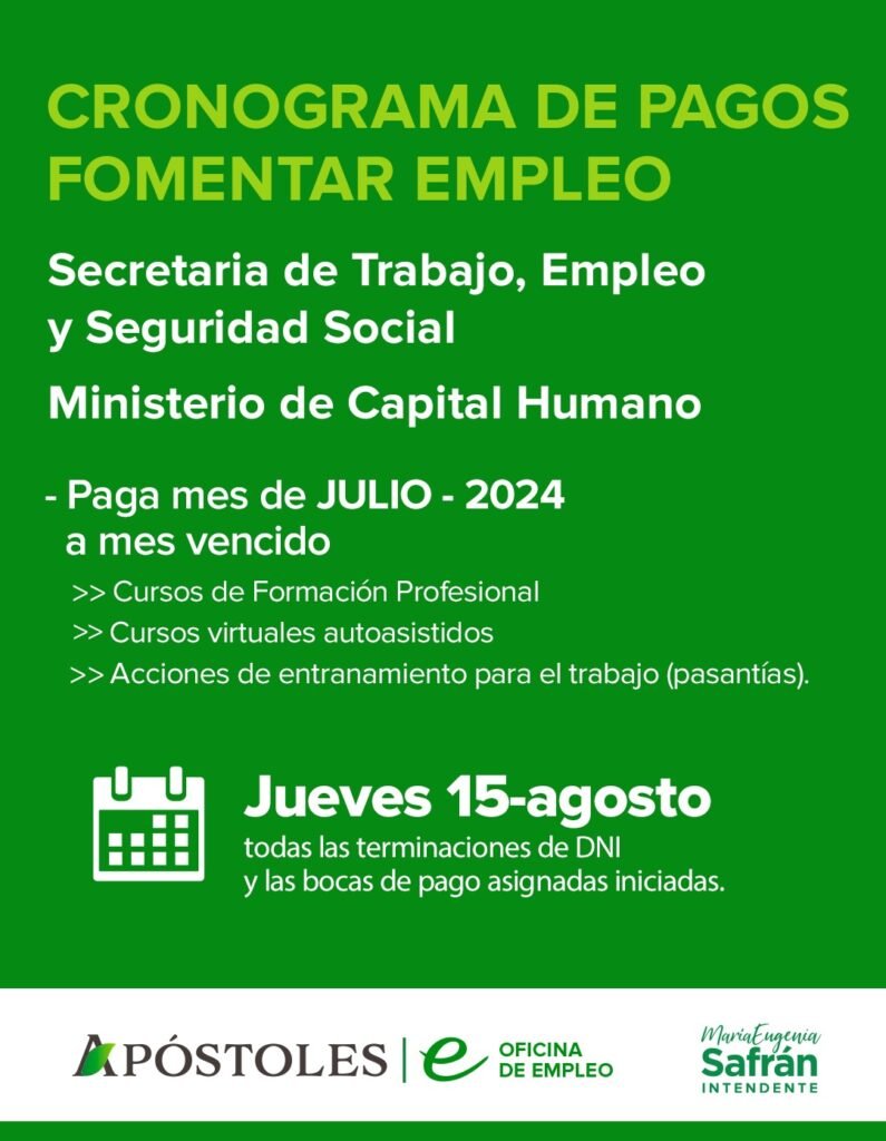 16-ago-24--Cronograma de pagos del Programa Fomentar Empleo